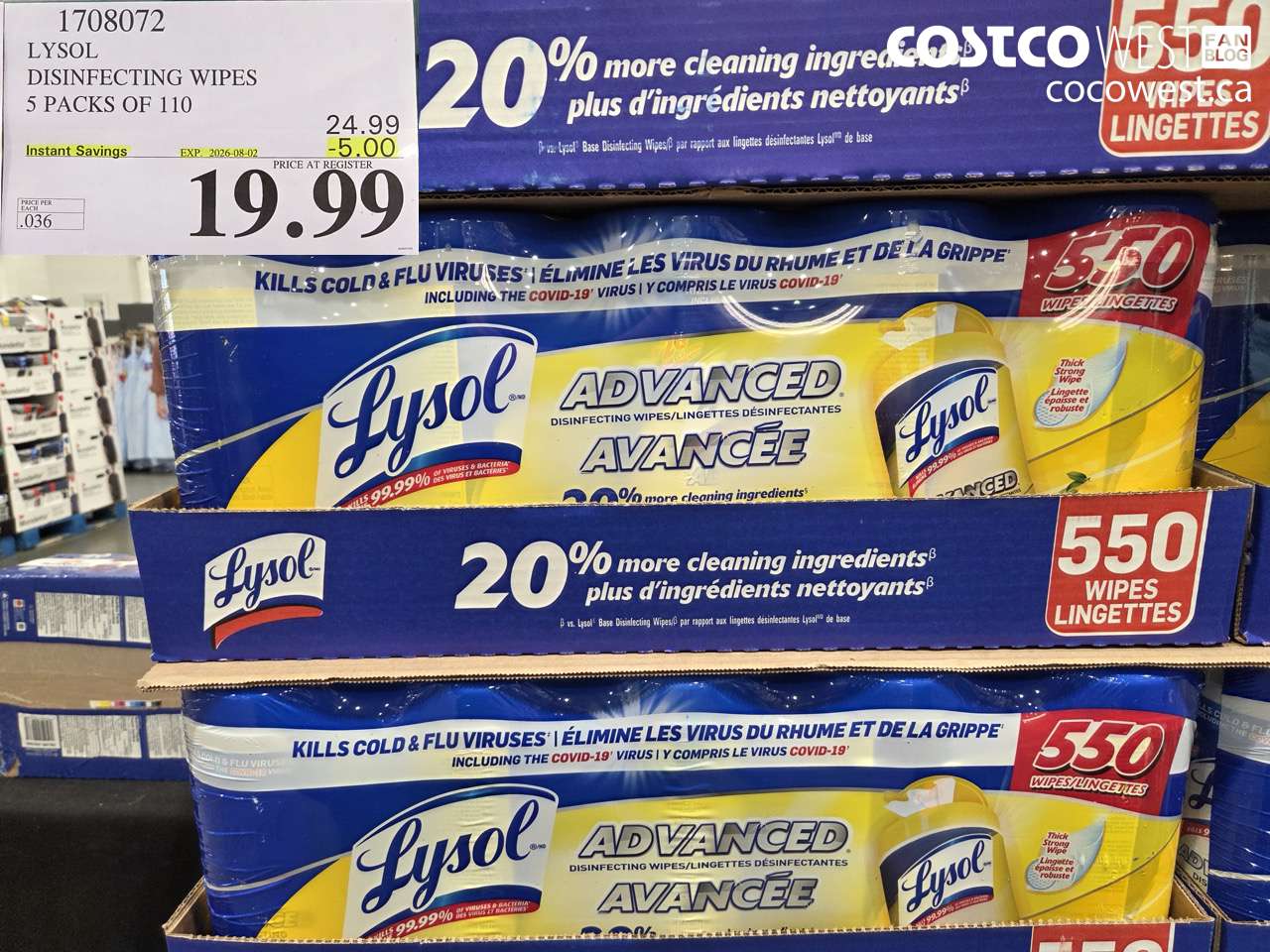 1708072 LYSOL DISINFECTING WIPES 5 PACKS OF 110 ($5.00 INSTANT SAVINGS EXPIRES ON 2026-08-02) $19.99