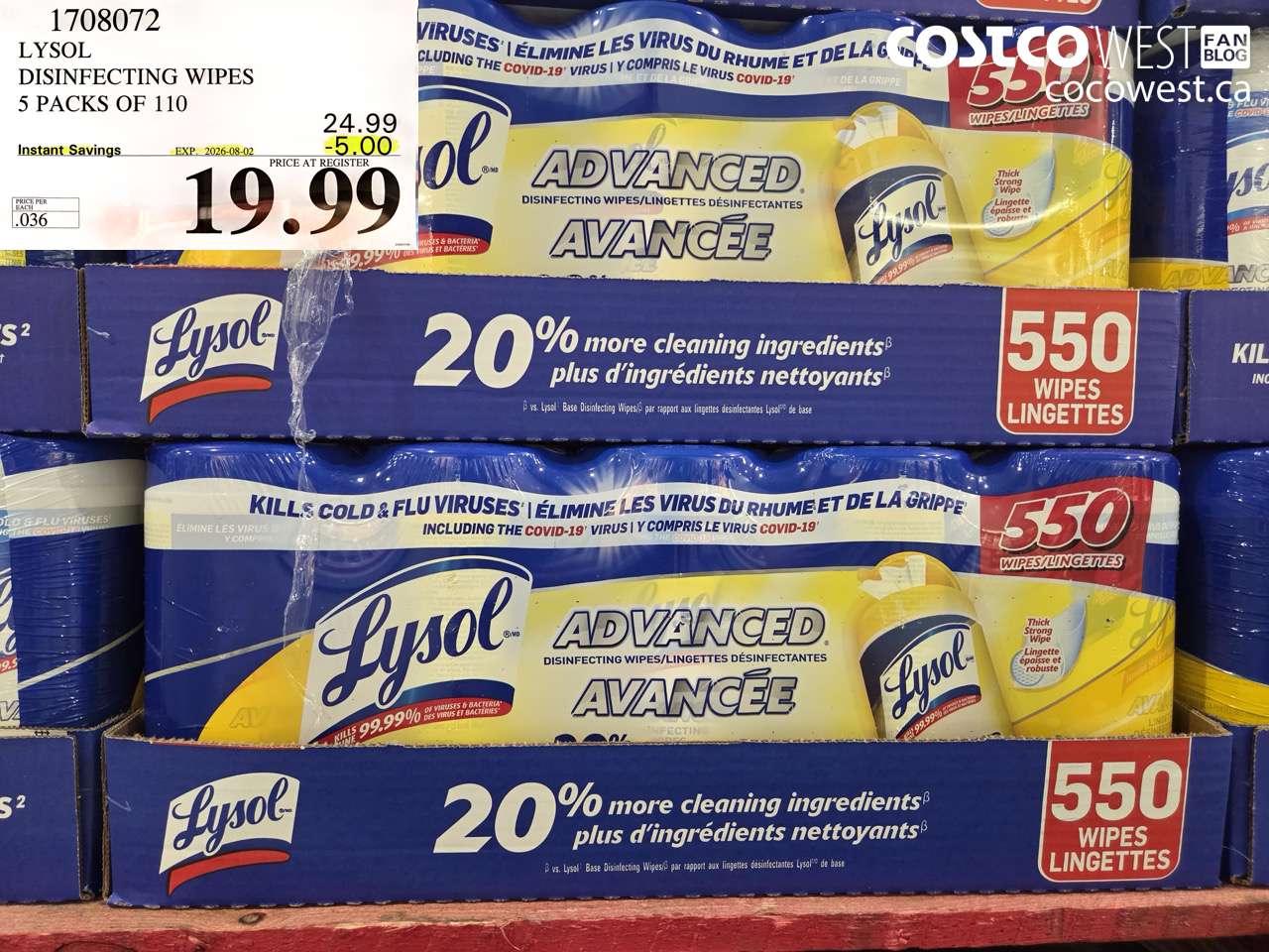 1708072 LYSOL DISINFECTING WIPES 5 PACKS OF 110 ($5.00 INSTANT SAVINGS EXPIRES ON 2026-08-02) $19.99