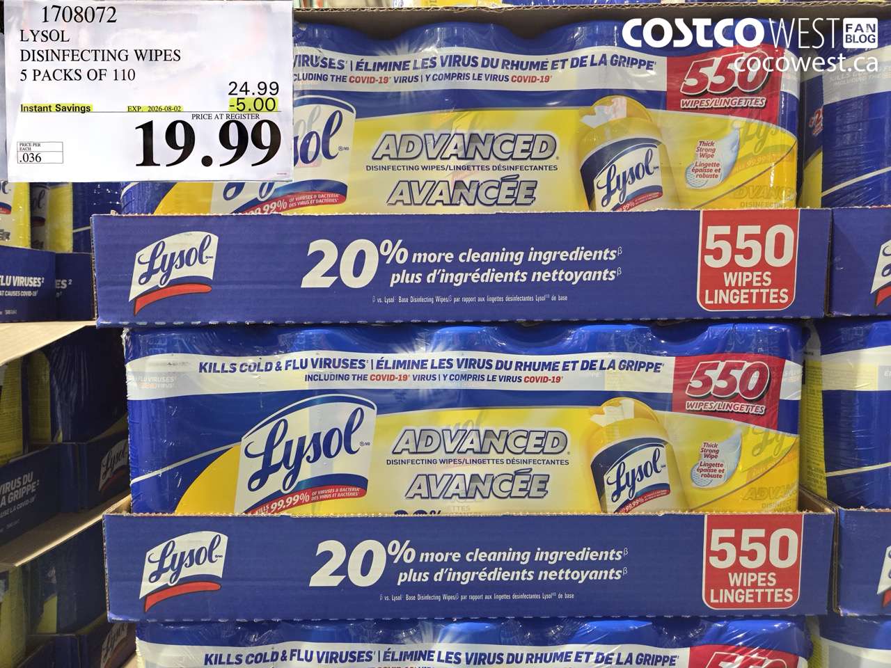 1708072 LYSOL DISINFECTING WIPES 5 PACKS OF 110 ($5.00 INSTANT SAVINGS EXPIRES ON 2026-08-02) $19.99