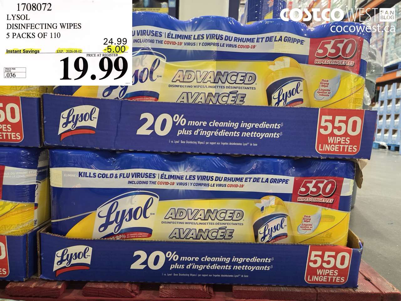 1708072 LYSOL DISINFECTING WIPES 5 PACKS OF 110 ($5.00 INSTANT SAVINGS EXPIRES ON 2026-08-02) $19.99