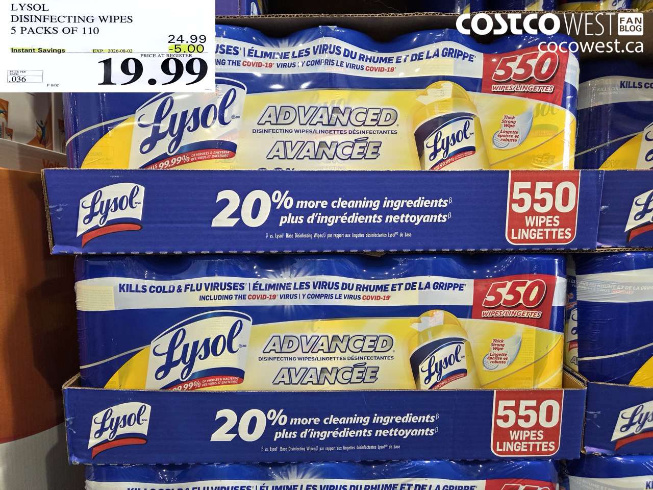 1708072 LYSOL DISINFECTING WIPES 5 PACKS OF 110 ($5.00 INSTANT SAVINGS EXPIRES ON 2026-08-02) $19.99