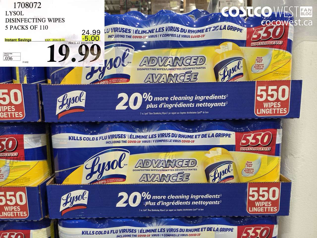 1708072 LYSOL DISINFECTING WIPES 5 PACKS OF 110 ($5.00 INSTANT SAVINGS EXPIRES ON 2026-08-02) $19.99