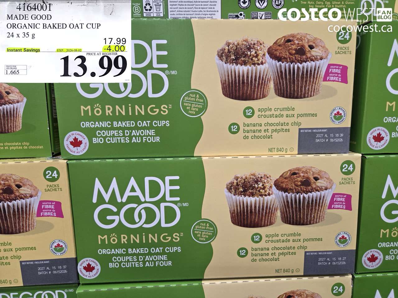 4164001 MADE GOOD ORGANIC BAKED OAT CUP 24 X 35 G ($4.00 INSTANT SAVINGS EXPIRES ON 2026-08-02) $13.99