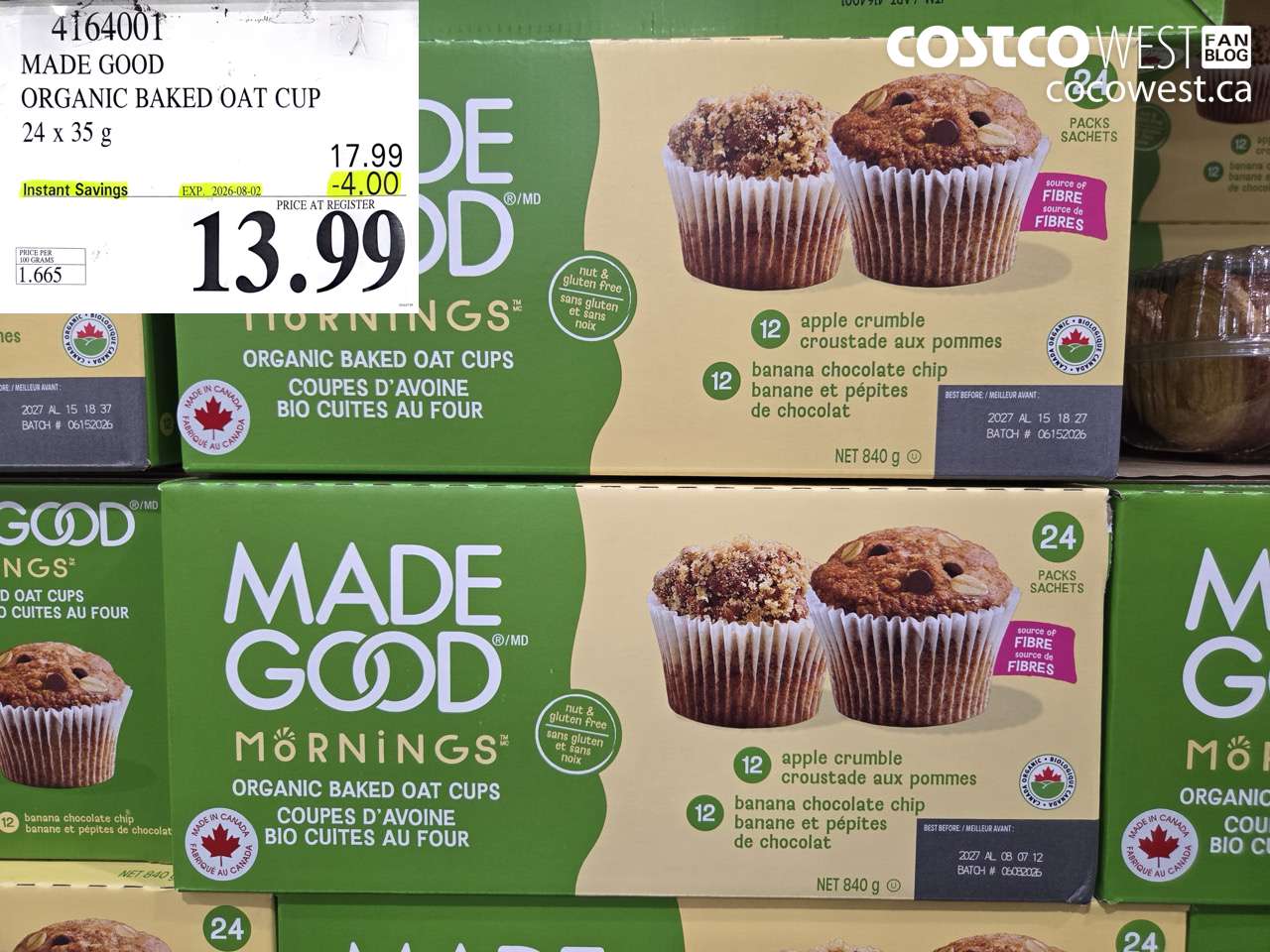 4164001 MADE GOOD ORGANIC BAKED OAT CUP 24 X 35 G ($4.00 INSTANT SAVINGS EXPIRES ON 2026-08-02) $13.99