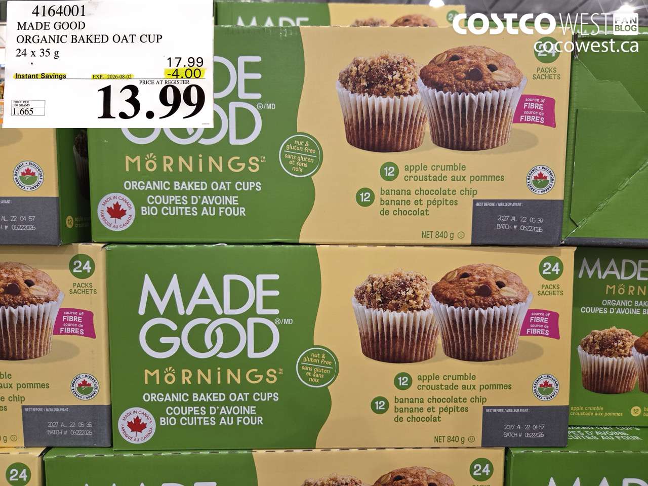 4164001 MADE GOOD ORGANIC BAKED OAT CUP 24 X 35 G ($4.00 INSTANT SAVINGS EXPIRES ON 2026-08-02) $13.99