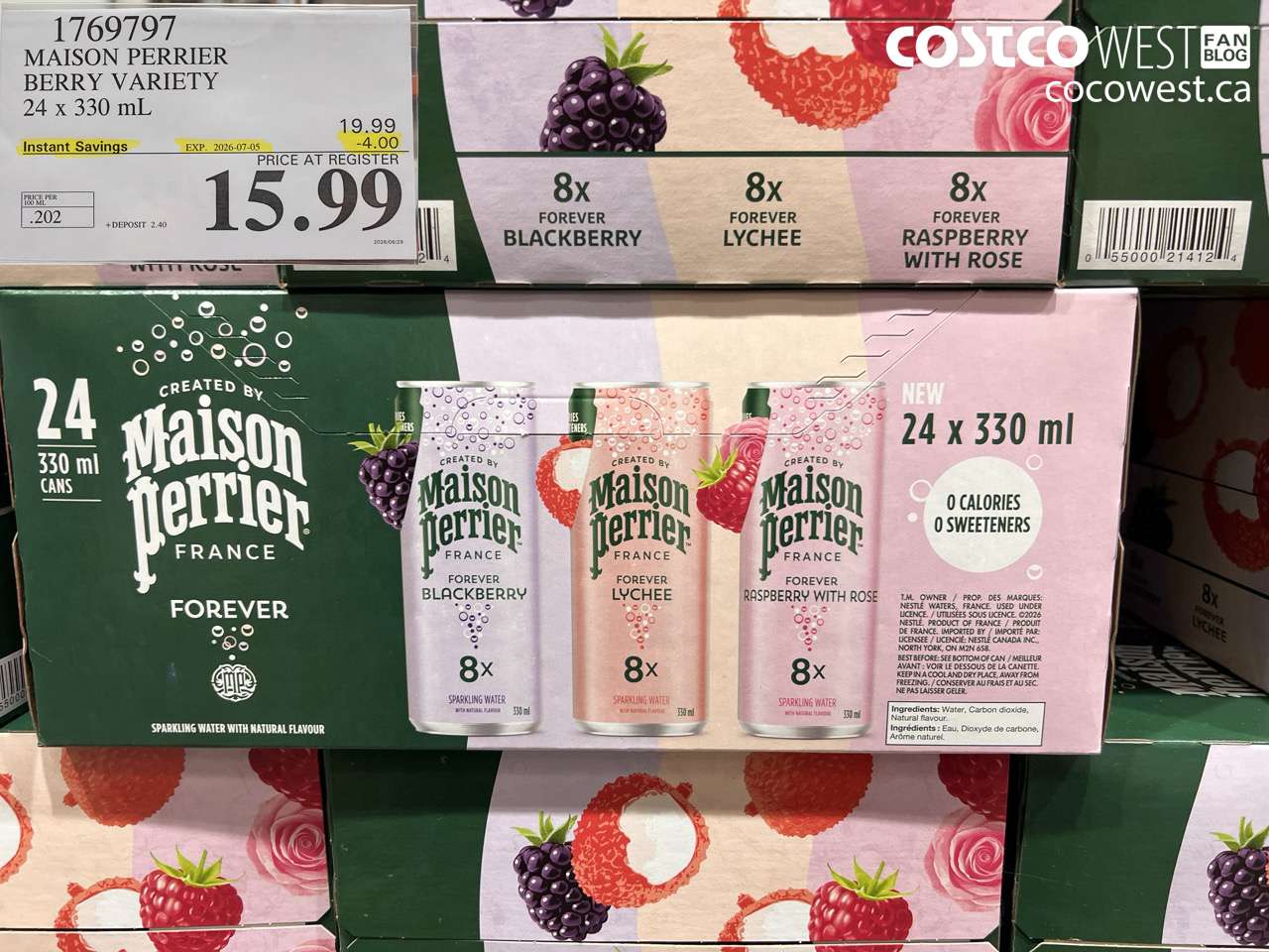 1769797 MAISON PERRIER BERRY VARIETY 24 X 330 ML ($4.00 INSTANT SAVINGS EXPIRES ON 2026-07-05) $15.99