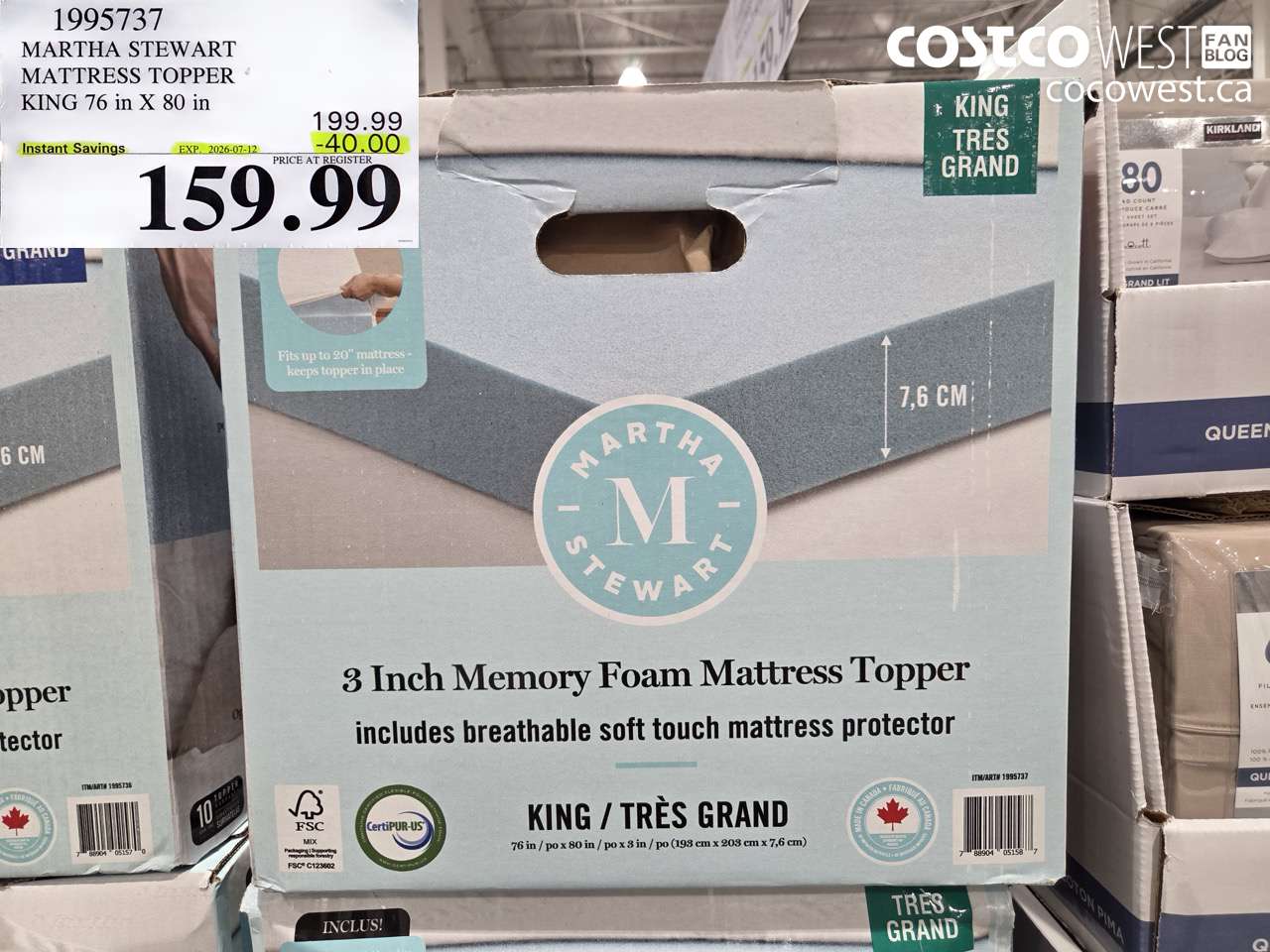 1995737 MARTHA STEWART MATTRESS TOPPER KING 76 IN X 80 IN ($40.00 INSTANT SAVINGS EXPIRES ON 2026-07-12) $159.99