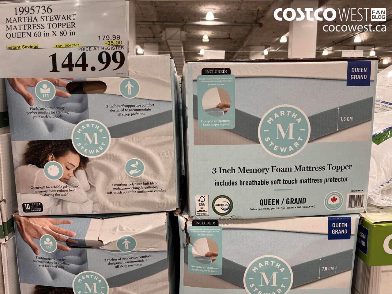 1995736 MARTHA STEWART MATTRESS TOPPER QUEEN 60 IN X 80 IN ($35.00 INSTANT SAVINGS EXPIRES ON 2026-07-12) $144.99