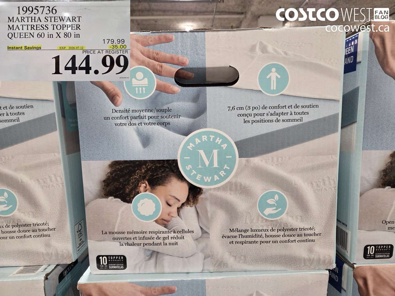 1995736 MARTHA STEWART MATTRESS TOPPER QUEEN 60 IN X 80 IN ($35.00 INSTANT SAVINGS EXPIRES ON 2026-07-12) $144.99