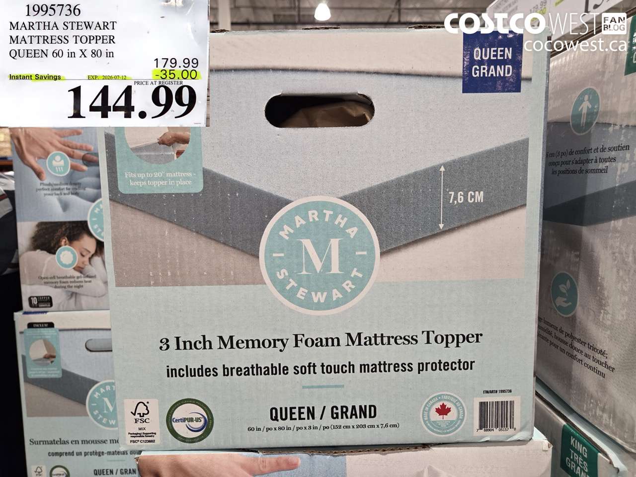 1995736 MARTHA STEWART MATTRESS TOPPER QUEEN 60 IN X 80 IN ($35.00 INSTANT SAVINGS EXPIRES ON 2026-07-12) $144.99
