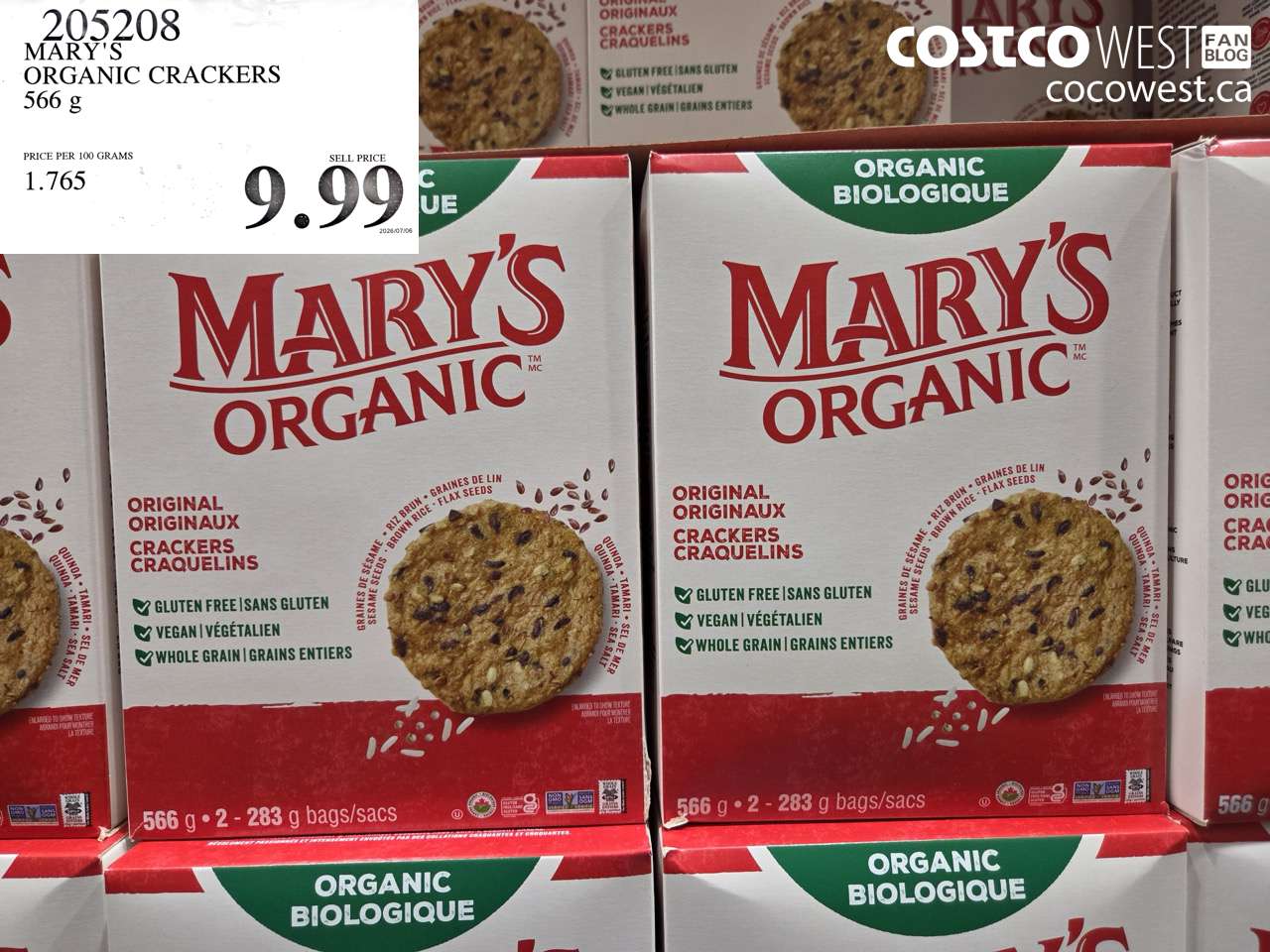 205208 MARY'S ORGANIC CRACKERS 566 G $9.99