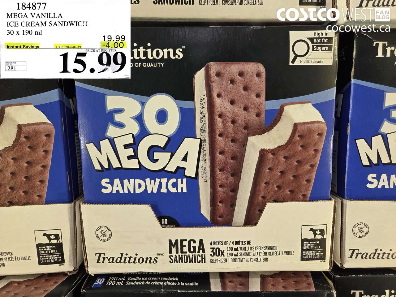 184877 MEGA VANILLA ICE CREAM SANDWICH 30 X 190 ML ($4.00 INSTANT SAVINGS EXPIRES ON 2026-07-19) $15.99