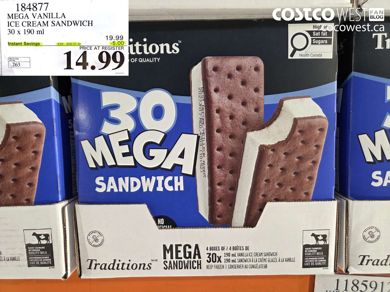 184877 MEGA VANILLA ICE CREAM SANDWICH 30 X 190 ML ($5.00 INSTANT SAVINGS EXPIRES ON 2026-07-30) $14.99