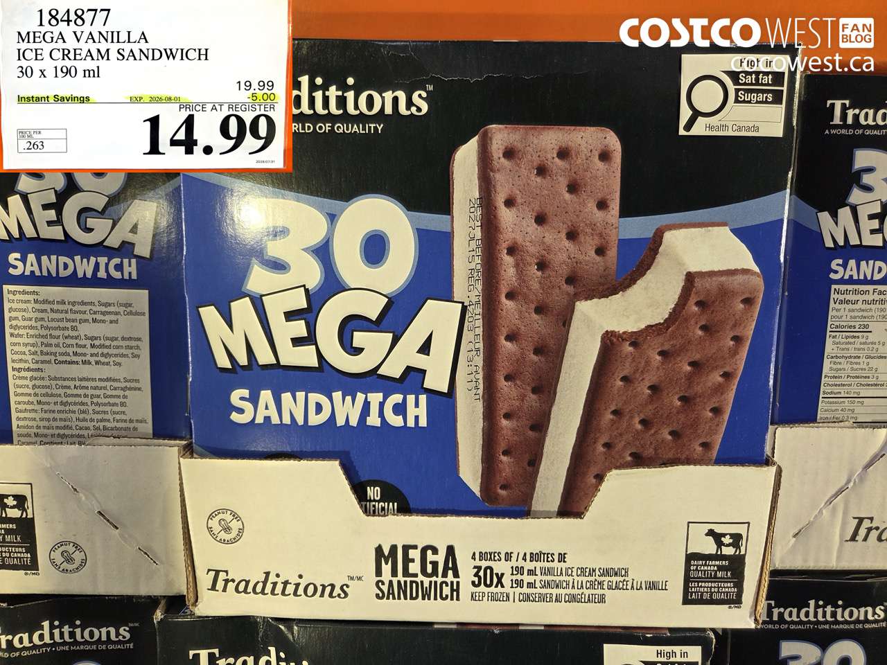184877 MEGA VANILLA ICE CREAM SANDWICH 30 X 190 ML ($5.00 INSTANT SAVINGS EXPIRES ON 2026-08-01) $14.99