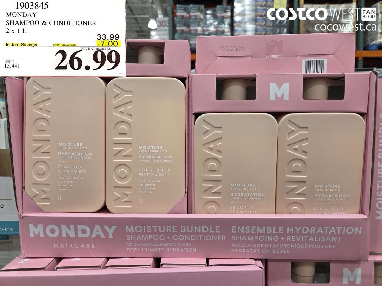 1903845 MONDAY SHAMPOO & CONDITIONER 2 X 1 L ($7.00 INSTANT SAVINGS EXPIRES ON 2026-08-02) $26.99