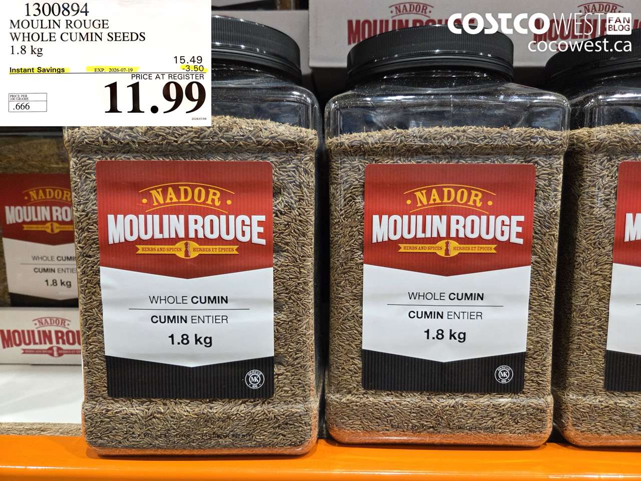 1300894 MOULIN ROUGE WHOLE CUMIN SEEDS 1.8 KG ($3.50 INSTANT SAVINGS EXPIRES ON 2026-07-19) $11.99