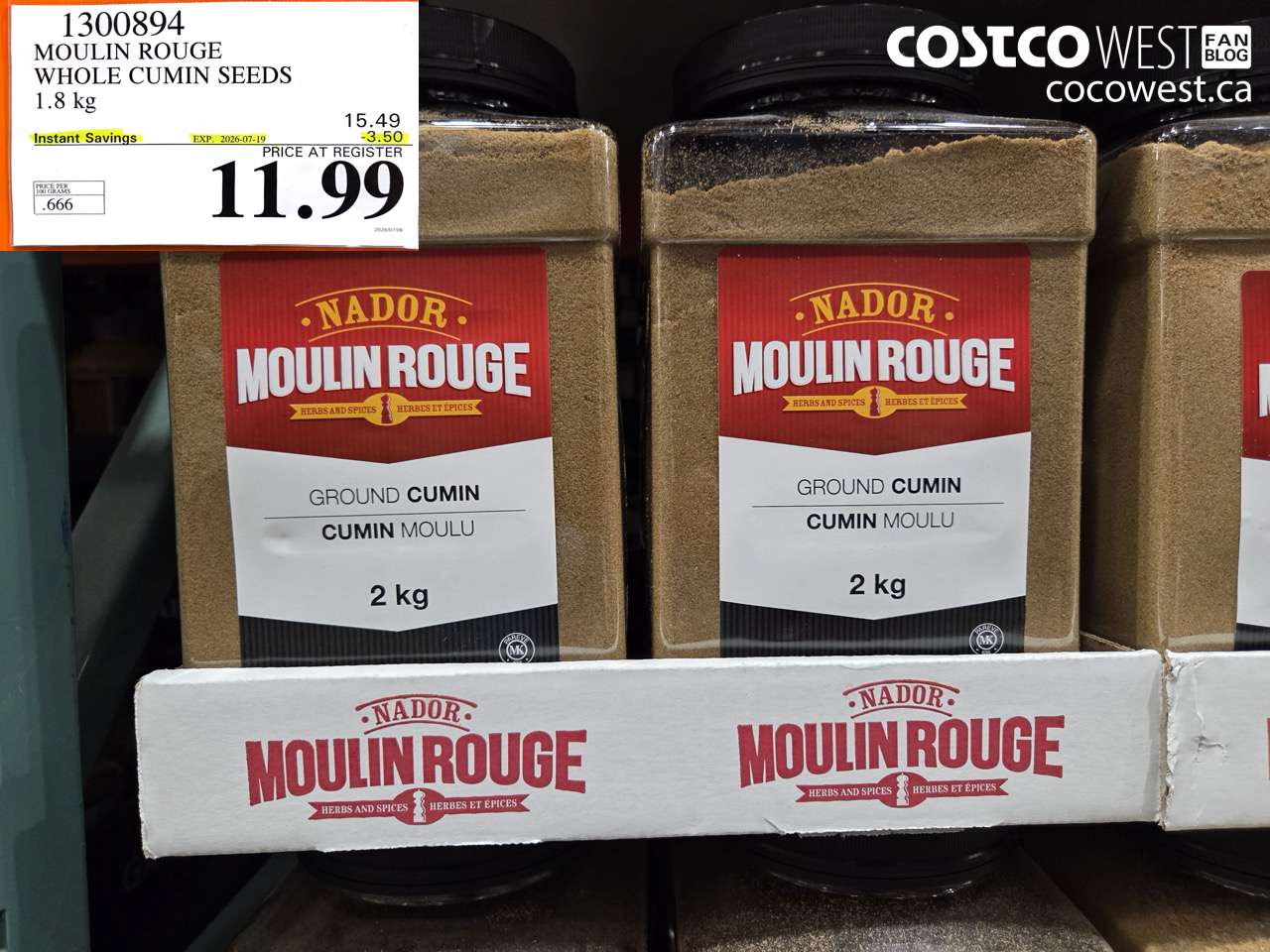 1300894 MOULIN ROUGE WHOLE CUMIN SEEDS 1.8 KG ($3.50 INSTANT SAVINGS EXPIRES ON 2026-07-19) $11.99