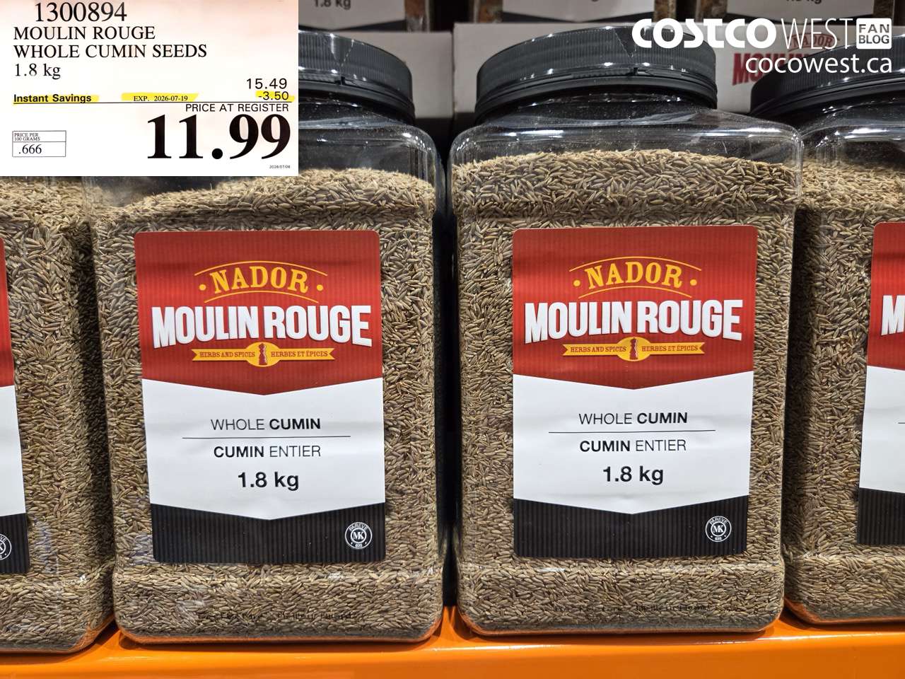 1300894 MOULIN ROUGE WHOLE CUMIN SEEDS 1.8 KG ($3.50 INSTANT SAVINGS EXPIRES ON 2026-07-19) $11.99