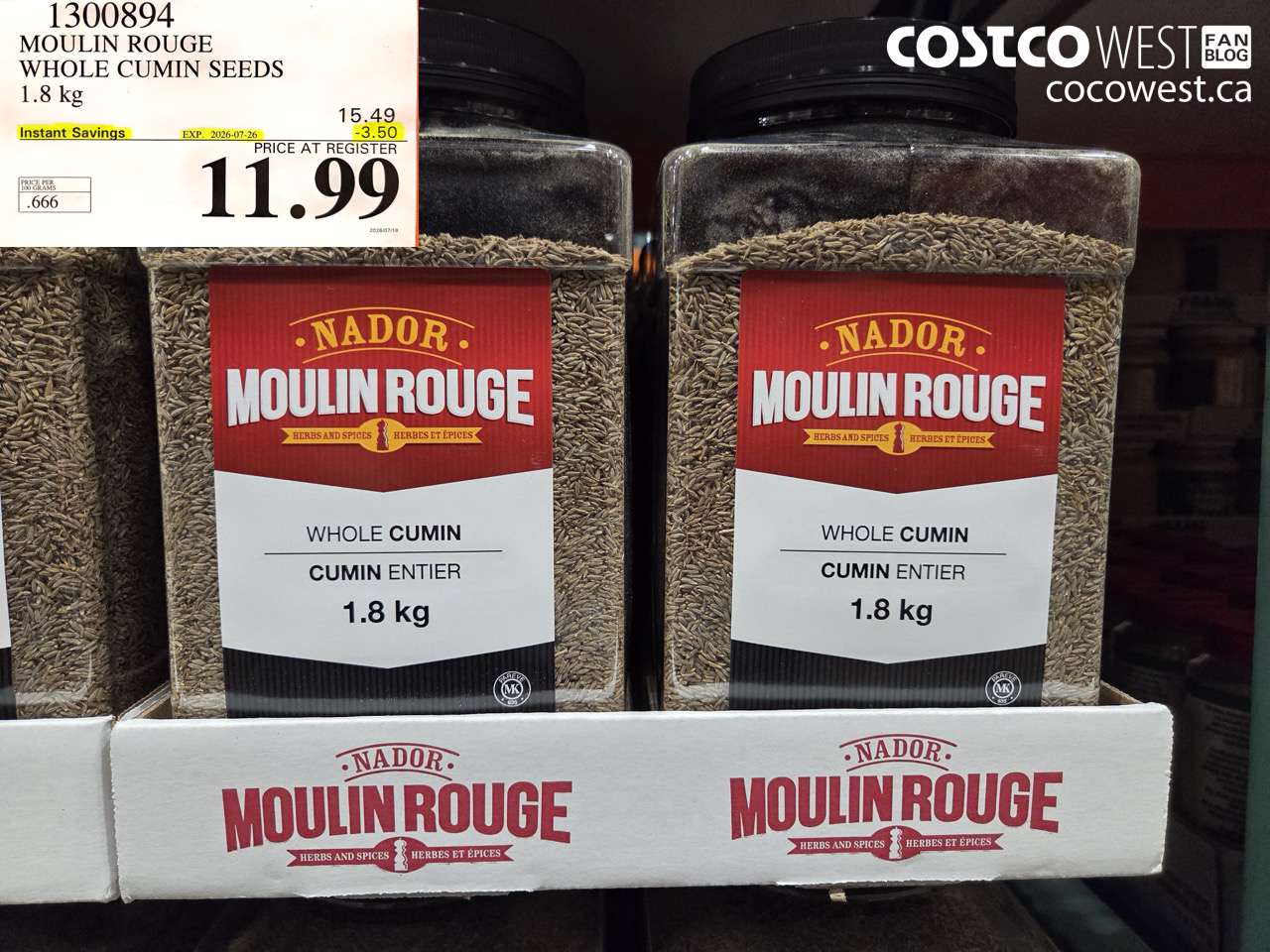 1300894 MOULIN ROUGE WHOLE CUMIN SEEDS 1.8 KG ($3.50 INSTANT SAVINGS EXPIRES ON 2026-07-26) $11.99