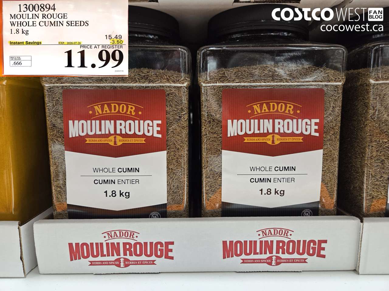 1300894 MOULIN ROUGE WHOLE CUMIN SEEDS 1.8 KG ($3.50 INSTANT SAVINGS EXPIRES ON 2026-07-26) $11.99