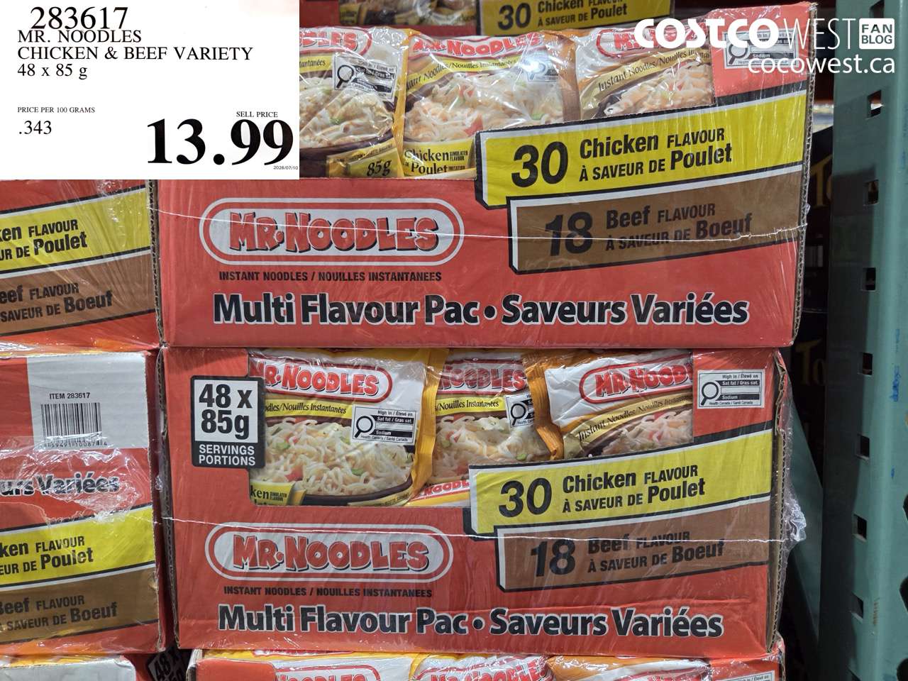 283617 MR. NOODLES CHICKEN & BEEF VARIETY 48 X 85 G $13.99