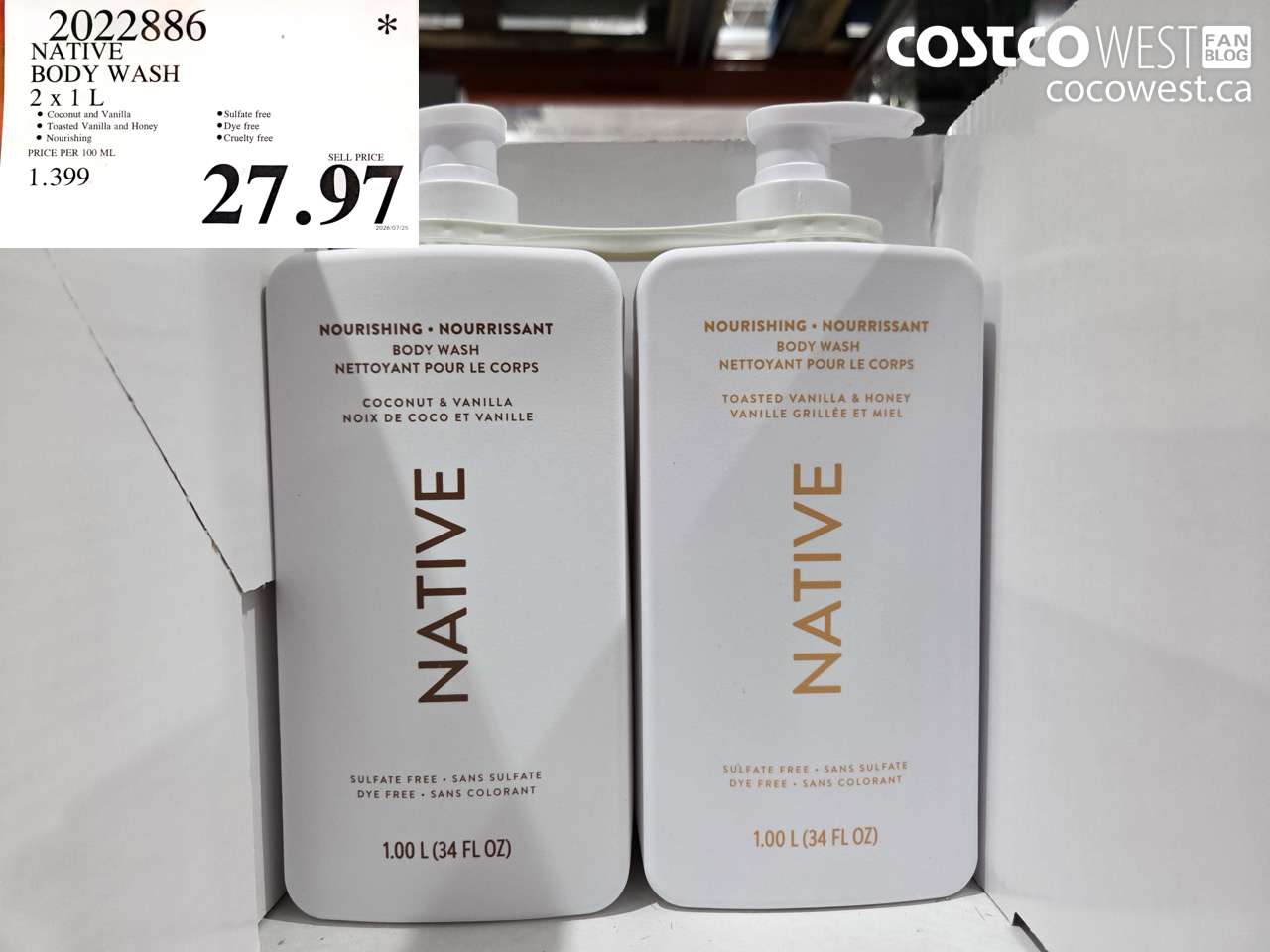 2022886 NATIVE BODY WASH 2 X 1 L $27.97