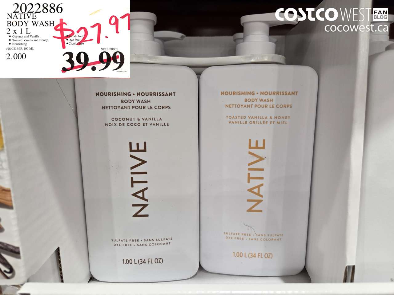 2022886 NATIVE BODY WASH 2 X 1 L $29.97