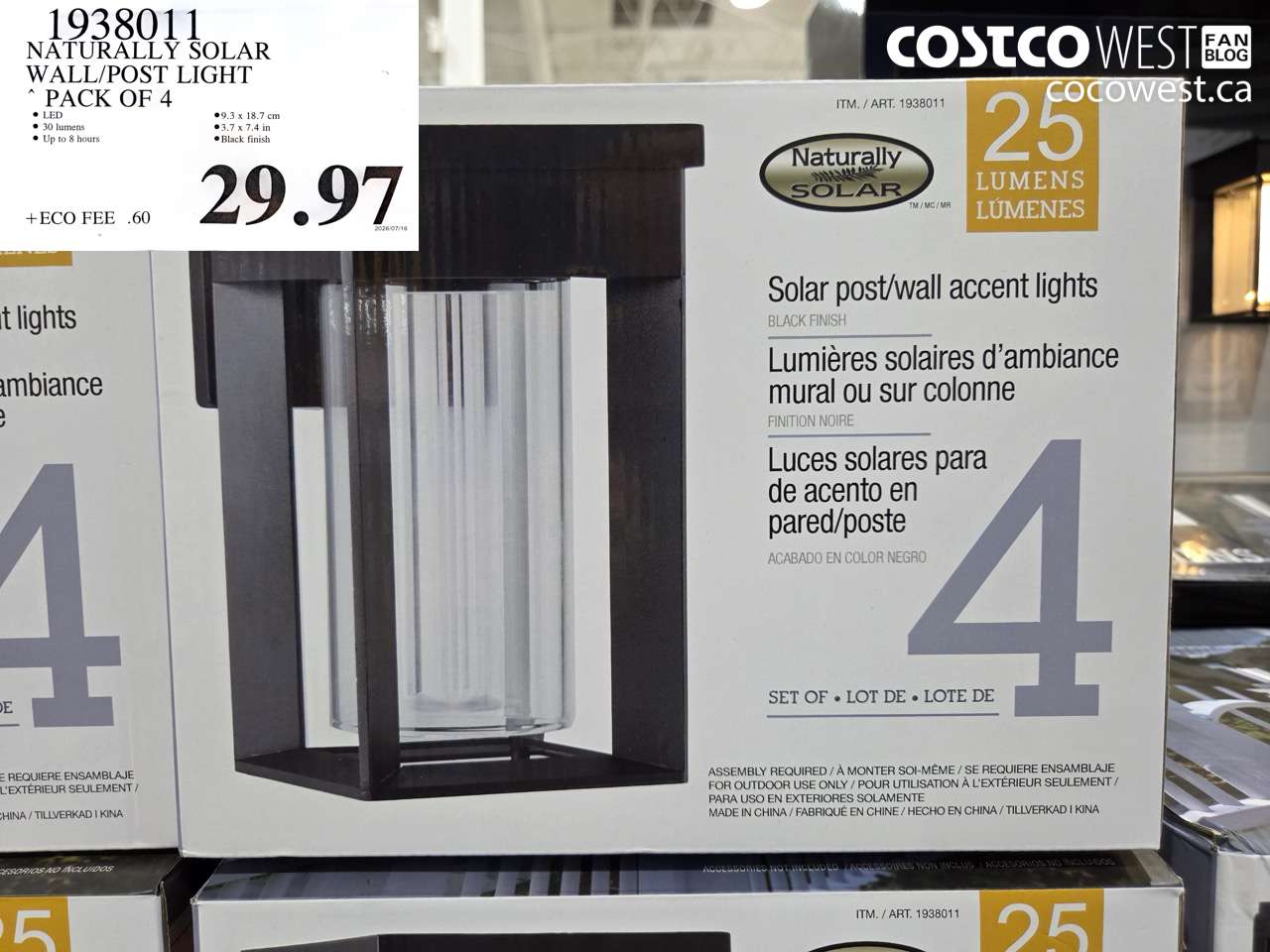 1938011 NATURALLY SOLAR WALL/POST LIGHT PACK OF 4 $29.97