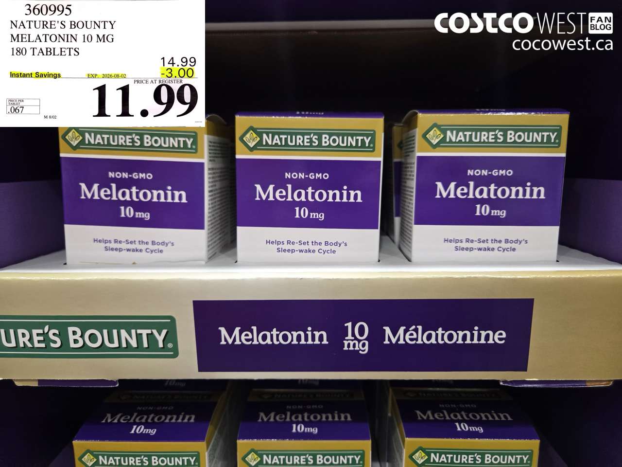360995 NATURE'S BOUNTY MELATONIN 10 MG 180 TABLETS ($3.00 INSTANT SAVINGS EXPIRES ON 2026-08-02) $11.99