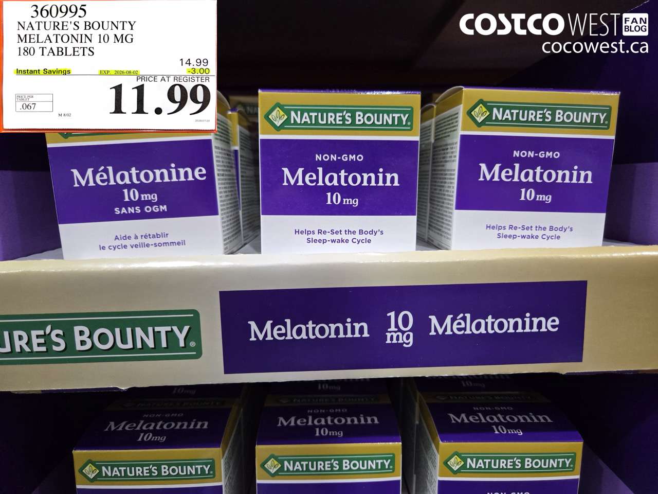 360995 NATURE'S BOUNTY MELATONIN 10 MG 180 TABLETS ($3.00 INSTANT SAVINGS EXPIRES ON 2026-08-02) $11.99