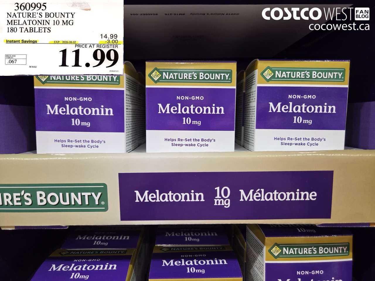360995 NATURE'S BOUNTY MELATONIN 10 MG 180 TABLETS ($3.00 INSTANT SAVINGS EXPIRES ON 2026-08-02) $11.99