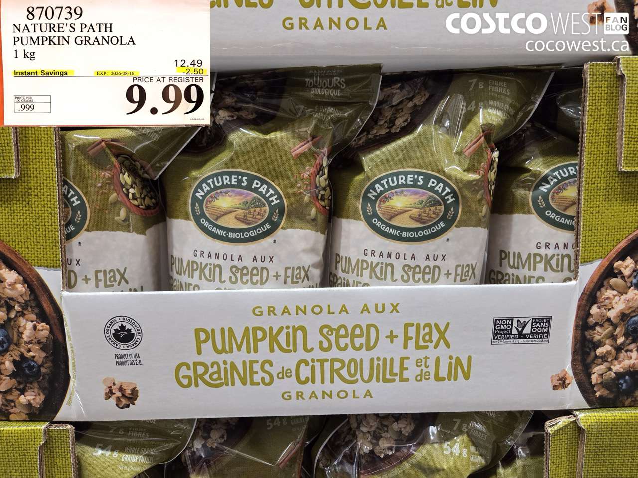 870739 NATURE'S PATH PUMPKIN GRANOLA 1 KG ($2.50 INSTANT SAVINGS EXPIRES ON 2026-08-16) $9.99