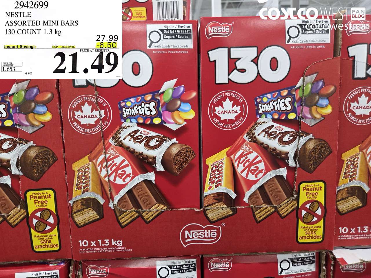 2942699 NESTLE ASSORTED MINI BARS 130 COUNT 1.3 KG ($6.50 INSTANT SAVINGS EXPIRES ON 2026-08-02) $21.49