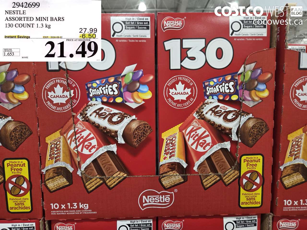 2942699 NESTLE ASSORTED MINI BARS 130 COUNT 1.3 KG ($6.50 INSTANT SAVINGS EXPIRES ON 2026-08-02) $21.49