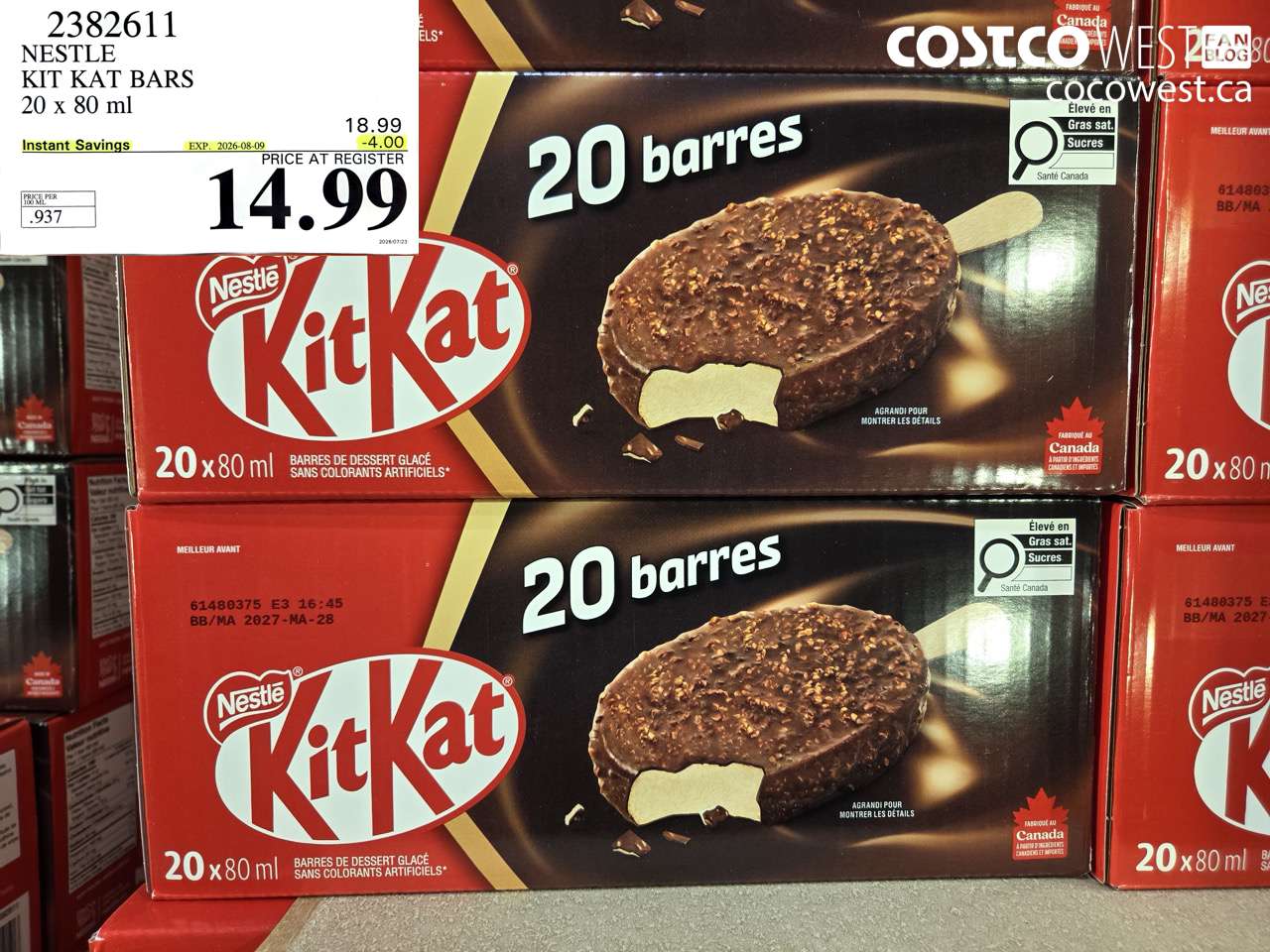 2382611 NESTLE KIT KAT BARS 20 X 80 ML ($4.00 INSTANT SAVINGS EXPIRES ON 2026-08-09) $14.99