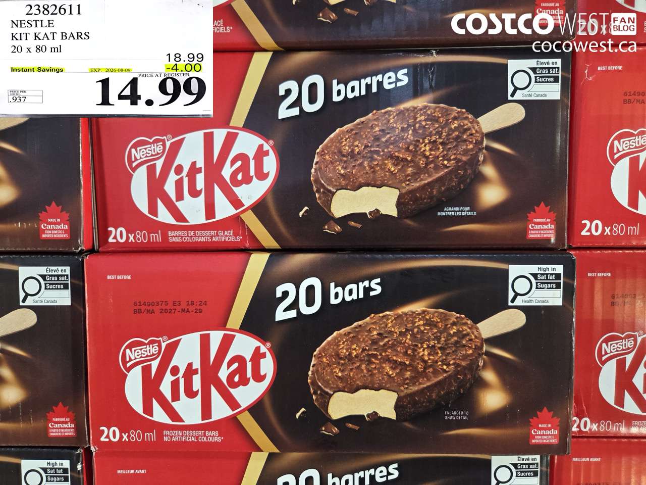 2382611 NESTLE KIT KAT BARS 20 X 80 ML ($4.00 INSTANT SAVINGS EXPIRES ON 2026-08-09) $14.99