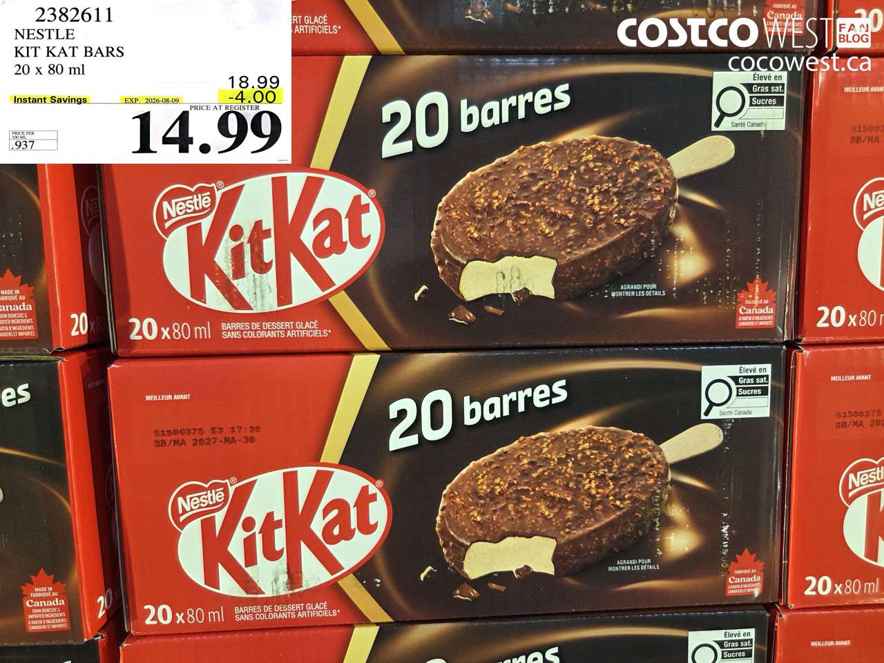 2382611 NESTLE KIT KAT BARS 20 X 80 ML ($4.00 INSTANT SAVINGS EXPIRES ON 2026-08-09) $14.99