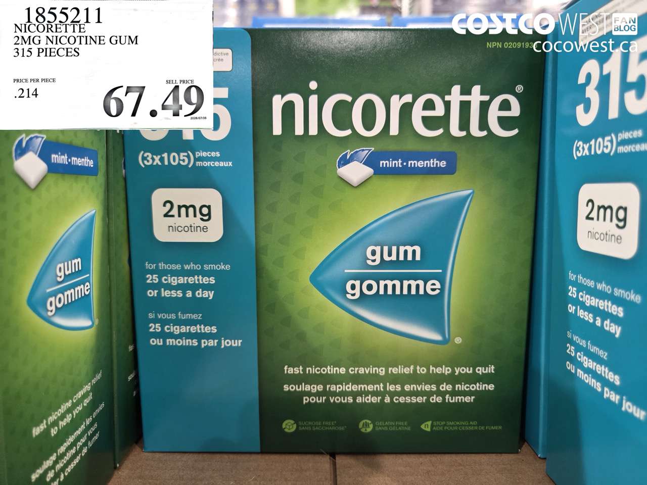 1855211 NICORETTE 2MG NICOTINE GUM 315 PIECES $67.49