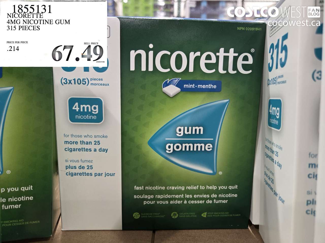 1855131 NICORETTE 4MG NICOTINE GUM 315 PIECES $67.49