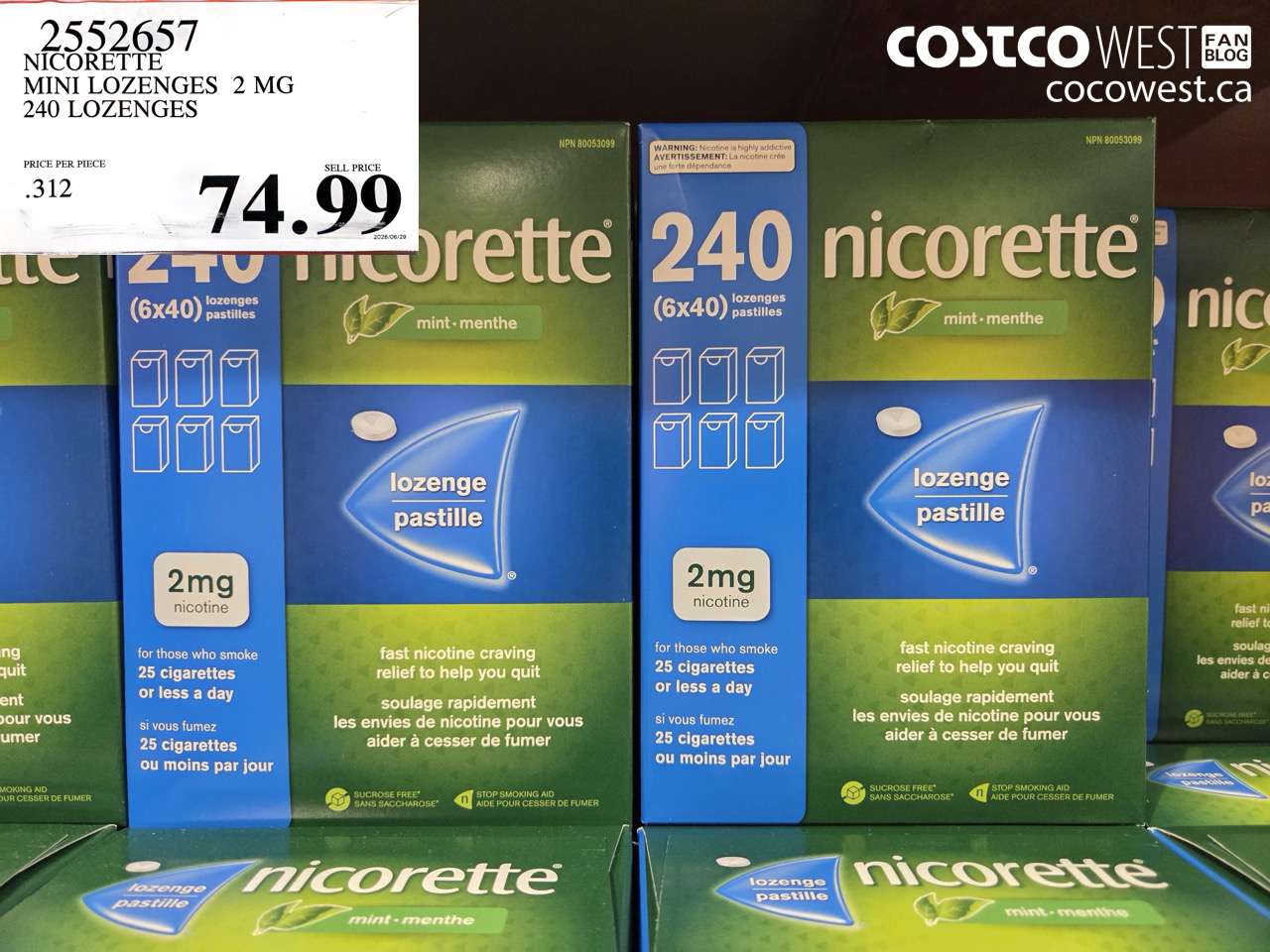 2552657 NICORETTE MINI LOZENGES 2 MG 240 LOZENGES $74.99