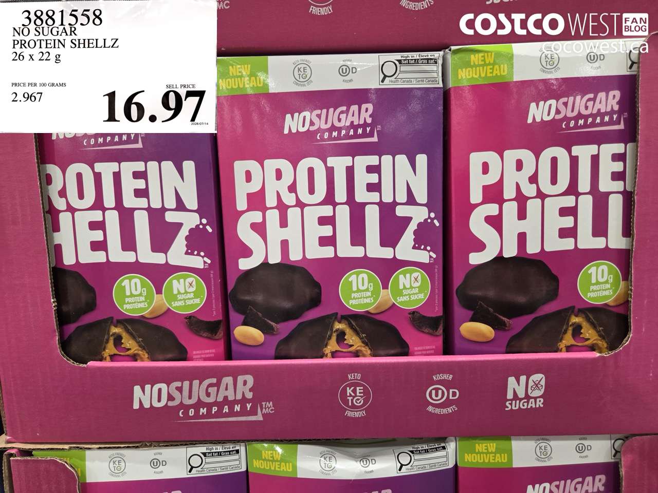 3881558 NO SUGAR PROTEIN SHELLZ 26 X 22 G $16.97