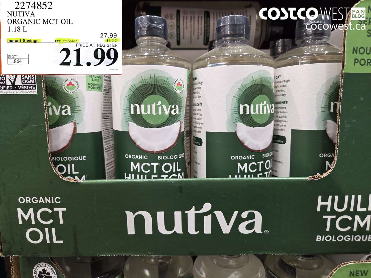 2274852 NUTIVA ORGANIC MCT OIL 1.18 L ($6.00 INSTANT SAVINGS EXPIRES ON 2026-08-02) $21.99