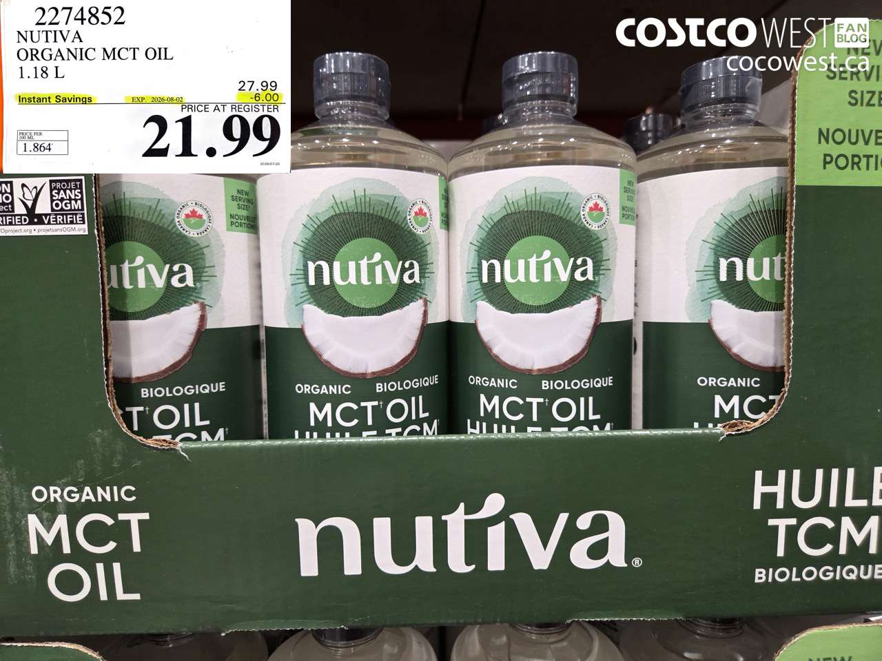 2274852 NUTIVA ORGANIC MCT OIL 1.18 L ($6.00 INSTANT SAVINGS EXPIRES ON 2026-08-02) $21.99