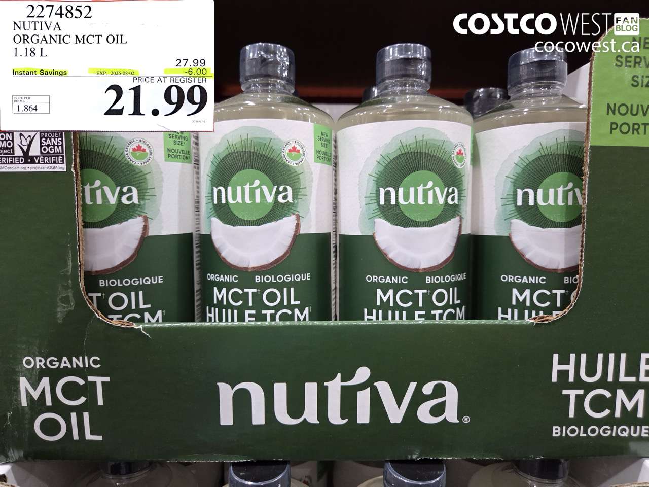2274852 NUTIVA ORGANIC MCT OIL 1.18 L ($6.00 INSTANT SAVINGS EXPIRES ON 2026-08-02) $21.99