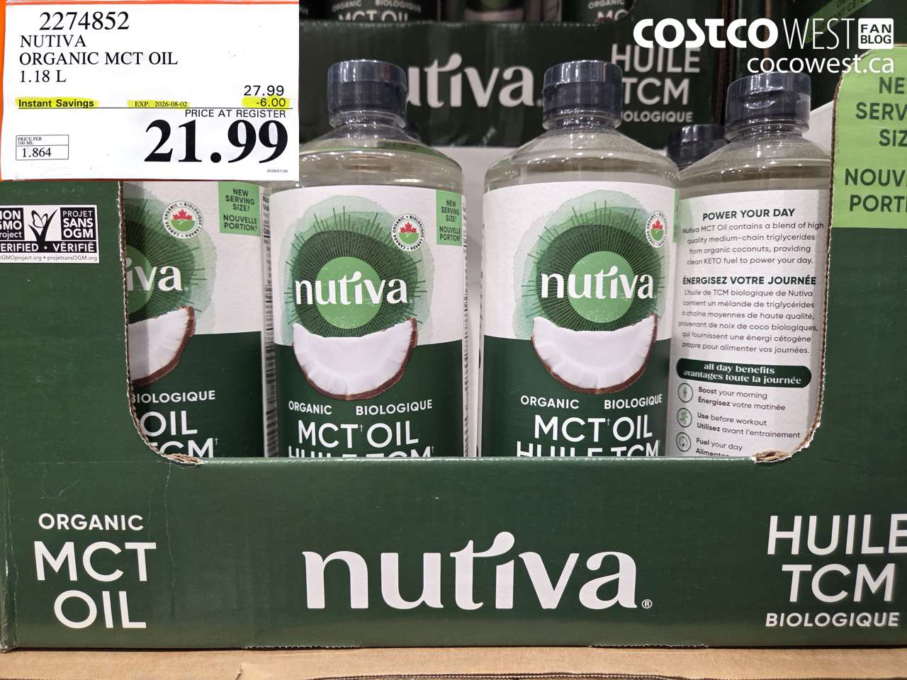 2274852 NUTIVA ORGANIC MCT OIL 1.18 L ($6.00 INSTANT SAVINGS EXPIRES ON 2026-08-02) $21.99
