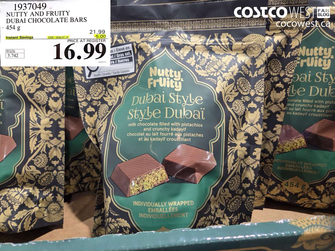 1937049 NUTTY AND FRUITY DUBAI CHOCOLATE BARS 454 G ($5.00 INSTANT SAVINGS EXPIRES ON 2026-07-19) $16.99