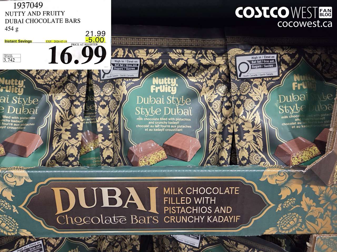 1937049 NUTTY AND FRUITY DUBAI CHOCOLATE BARS 454 G ($5.00 INSTANT SAVINGS EXPIRES ON 2026-07-19) $16.99