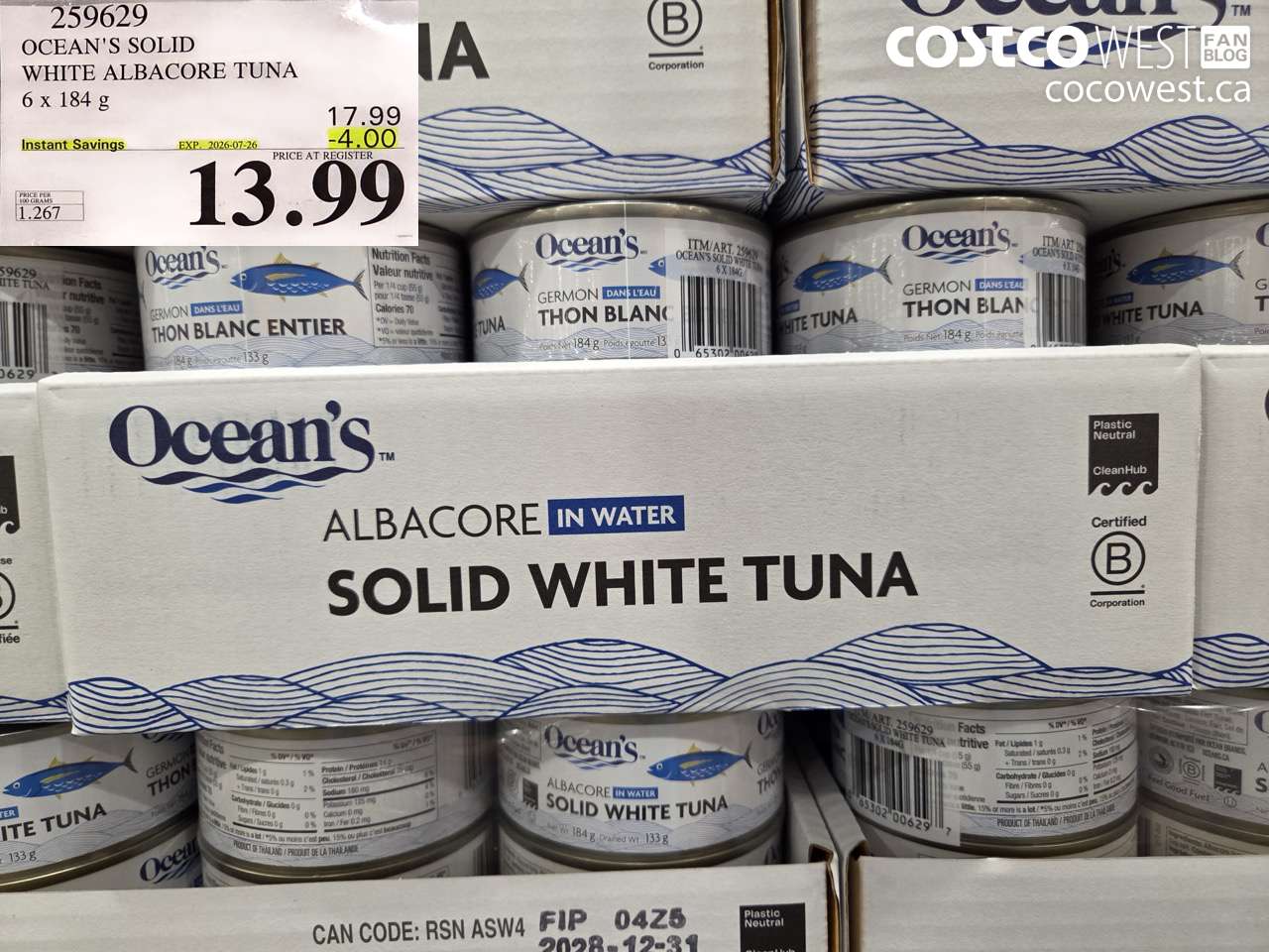 259629 OCEAN'S SOLID WHITE ALBACORE TUNA 6 X 184 G ($4.00 INSTANT SAVINGS EXPIRES ON 2026-07-26) $13.99
