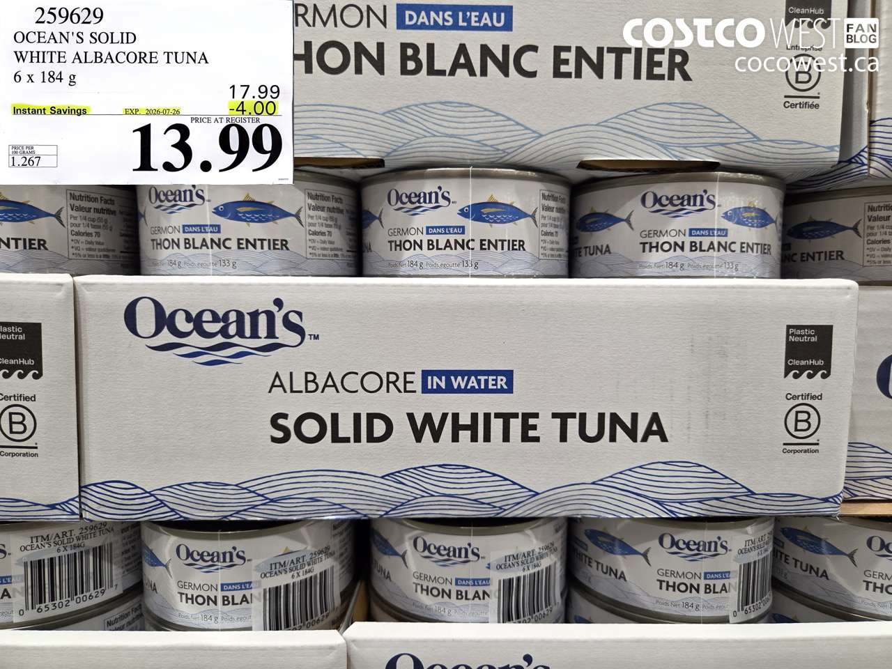 259629 OCEAN'S SOLID WHITE ALBACORE TUNA 6 X 184 G ($4.00 INSTANT SAVINGS EXPIRES ON 2026-07-26) $13.99