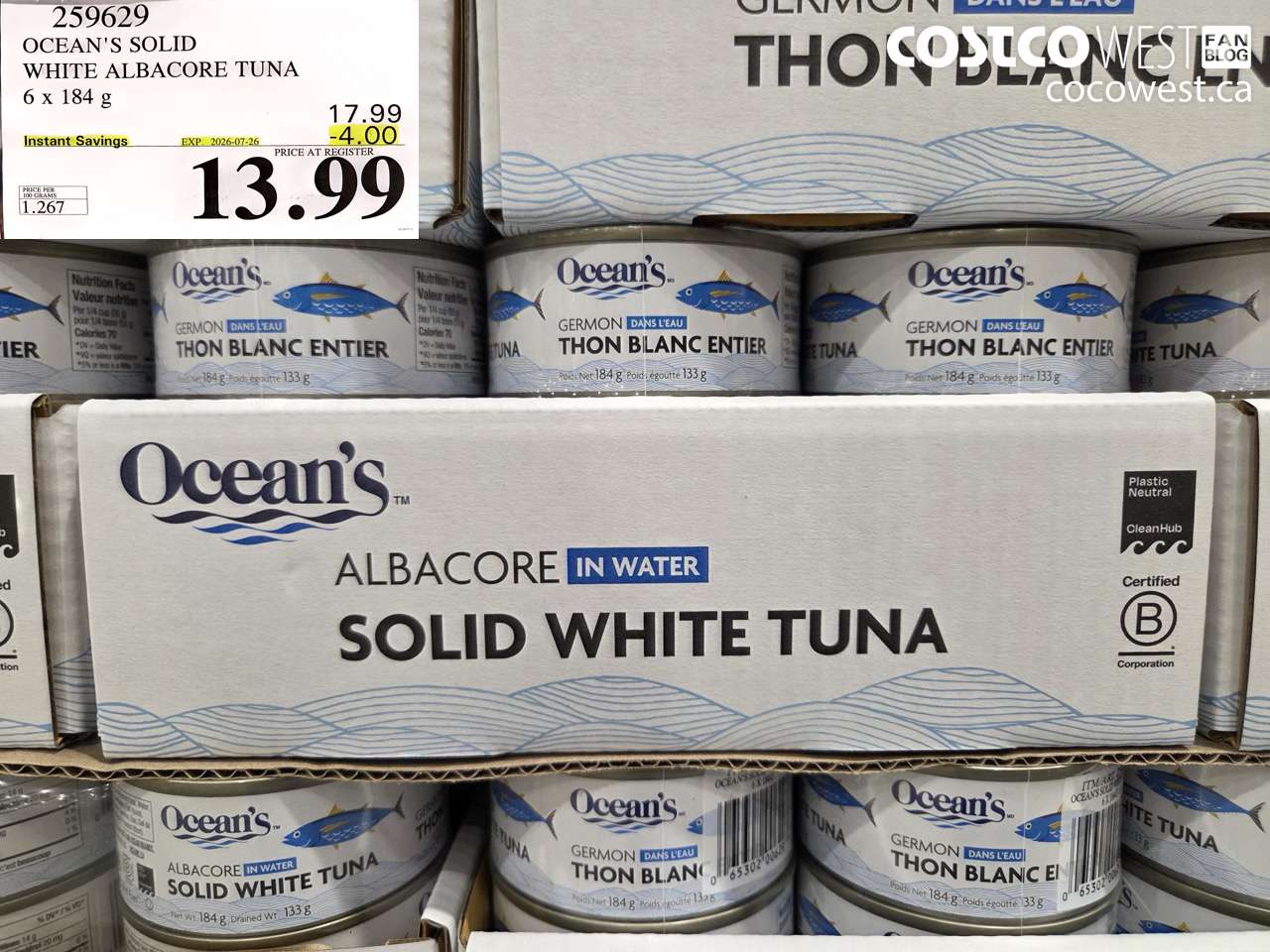 259629 OCEAN'S SOLID WHITE ALBACORE TUNA 6 X 184 G ($4.00 INSTANT SAVINGS EXPIRES ON 2026-07-26) $13.99
